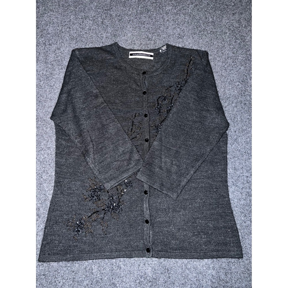 Amanda Smith Beaded Floral Cardigan Gray Acrylic Button Front Sweater Size M